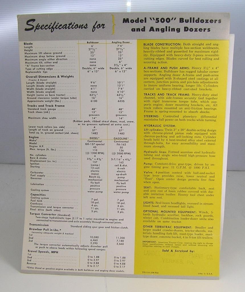 VINTAGE c1950 NEW TERRATRAC CRAWLER MOUNTED DOZERS MODEL 500 BROCHURE TTS-114