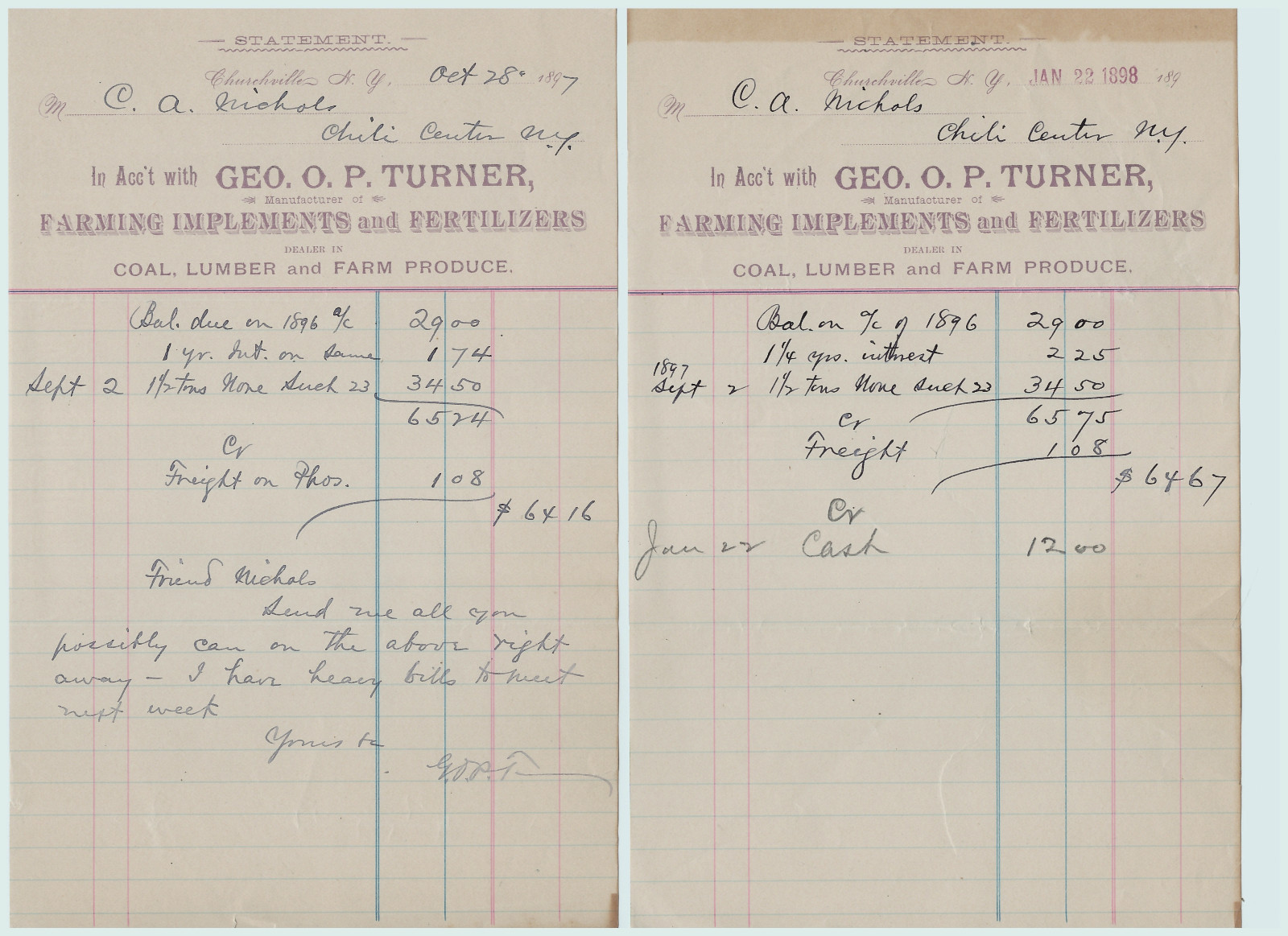 Billhead LOT of 4- Geo Turner Churchville NY 1891+ Signed Letter Farm Implements