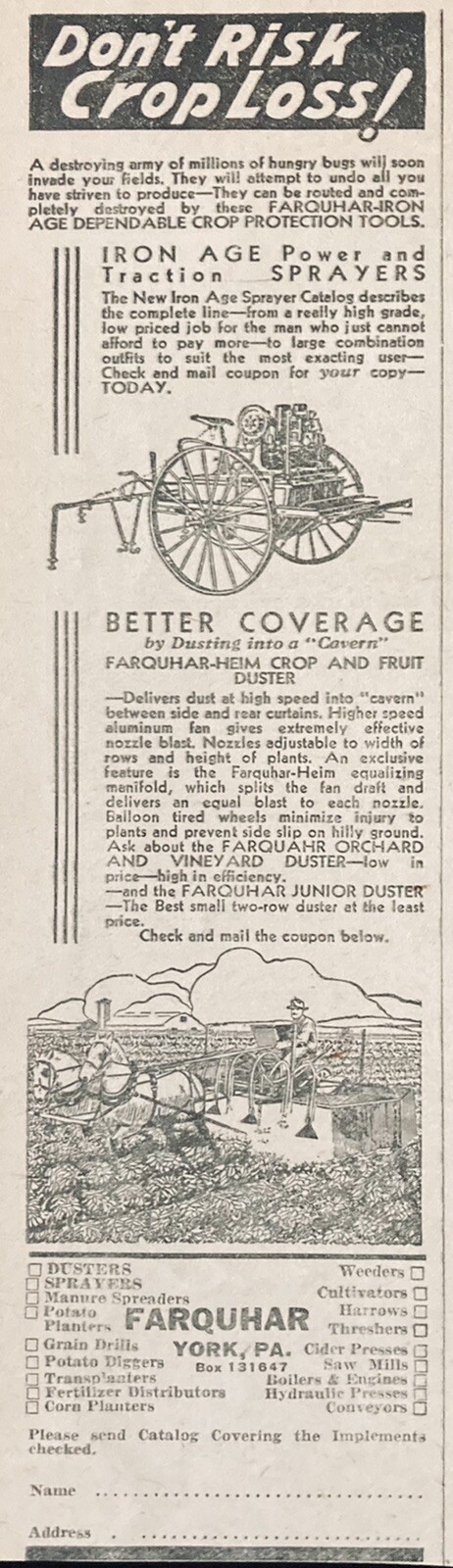 1935 AD(XH20)~FARQUHAR CO. YORK, PA. IRON AGE POWER AND TRACTION SPRAYERS