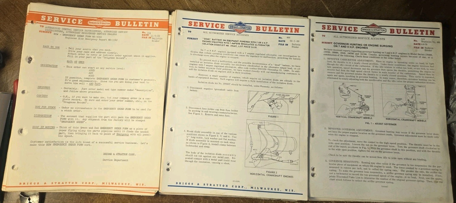 HUGE LOT OF BRIGGS AND STRATTON SERVICE BULLETINS FROM MID 50S THRU LATE 70S