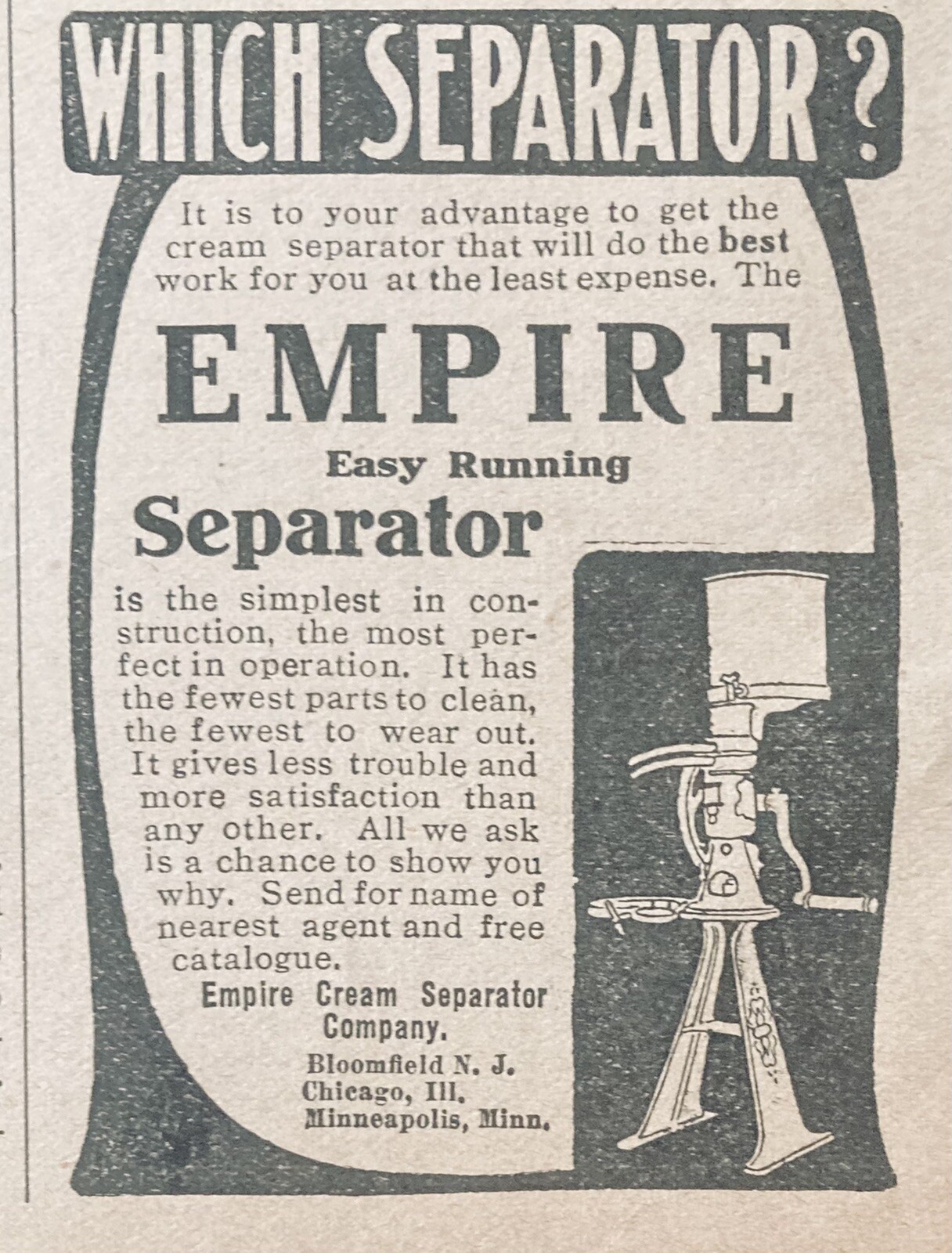1904 AD.(XH29)~EMPIRE CREAM SEPARATOR CO. BLOOMFIELD, NJ. EASY RUNNING SEPARATOR