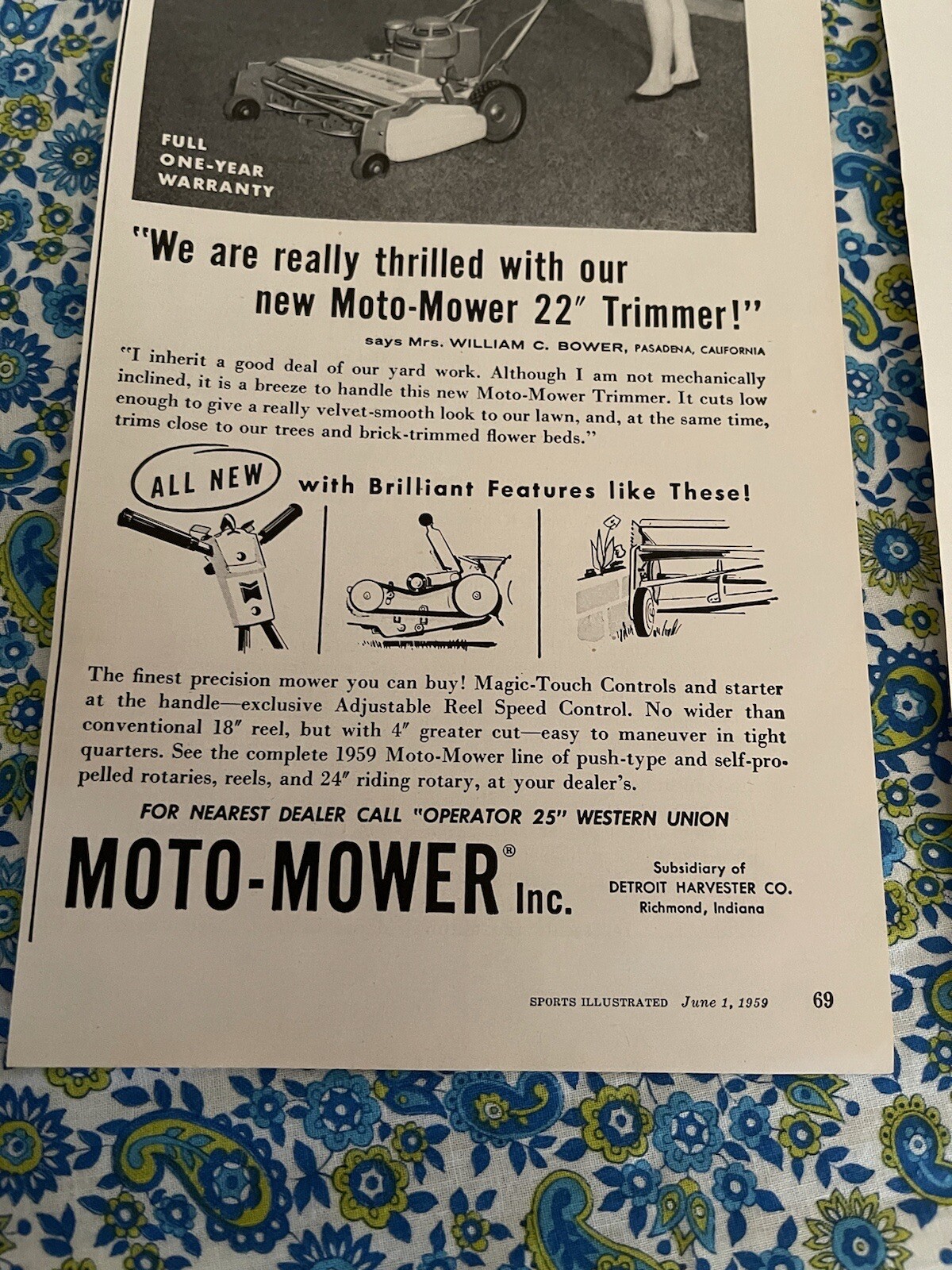 (3) Vintage 1959 Moto Mower Lawn Mower Print Ad Qty 3