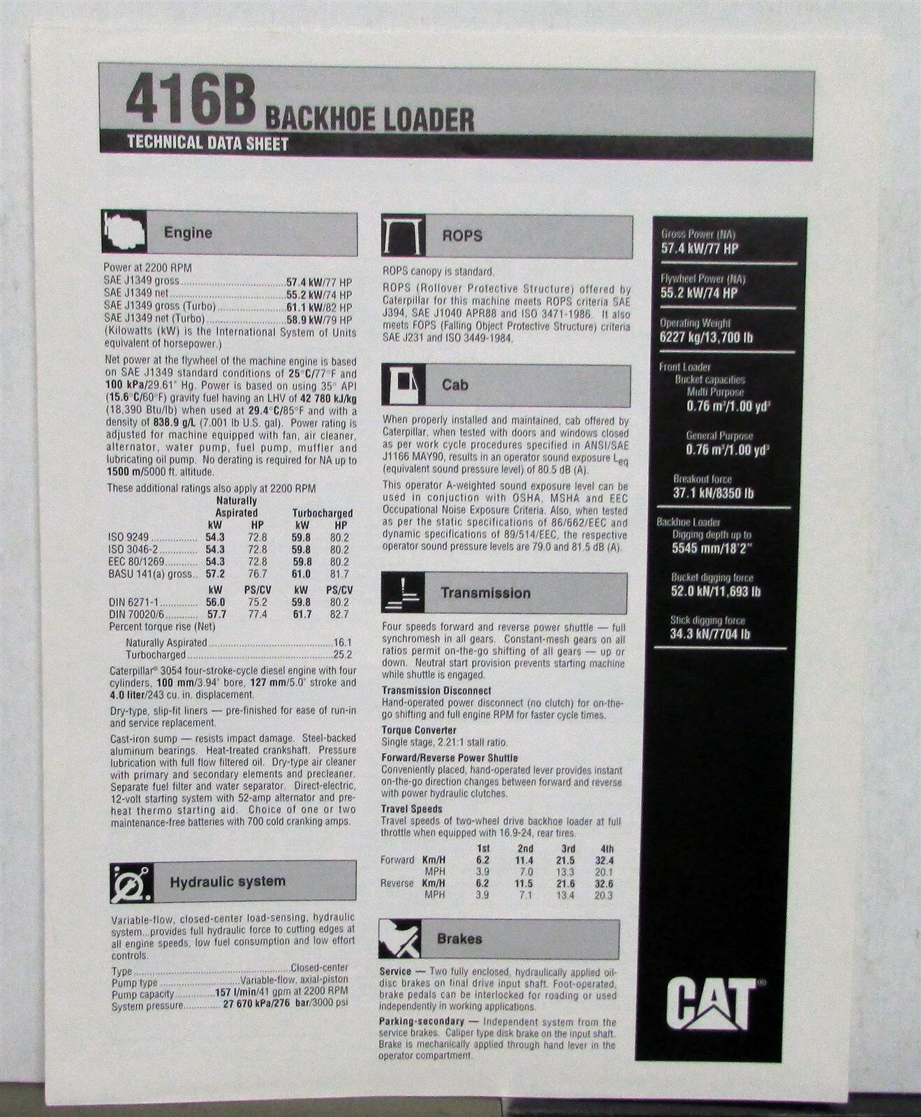 1992 Caterpillar 416B Backhoe Loader Construction Sales Brochure