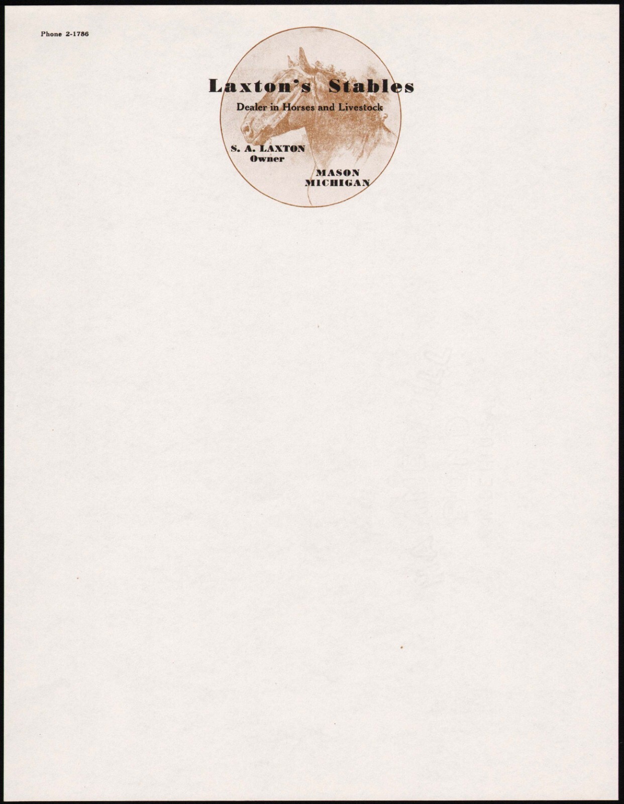 Vintage letterhead LAXTONS STABLES horse pictured Mason Michigan unused n-mint