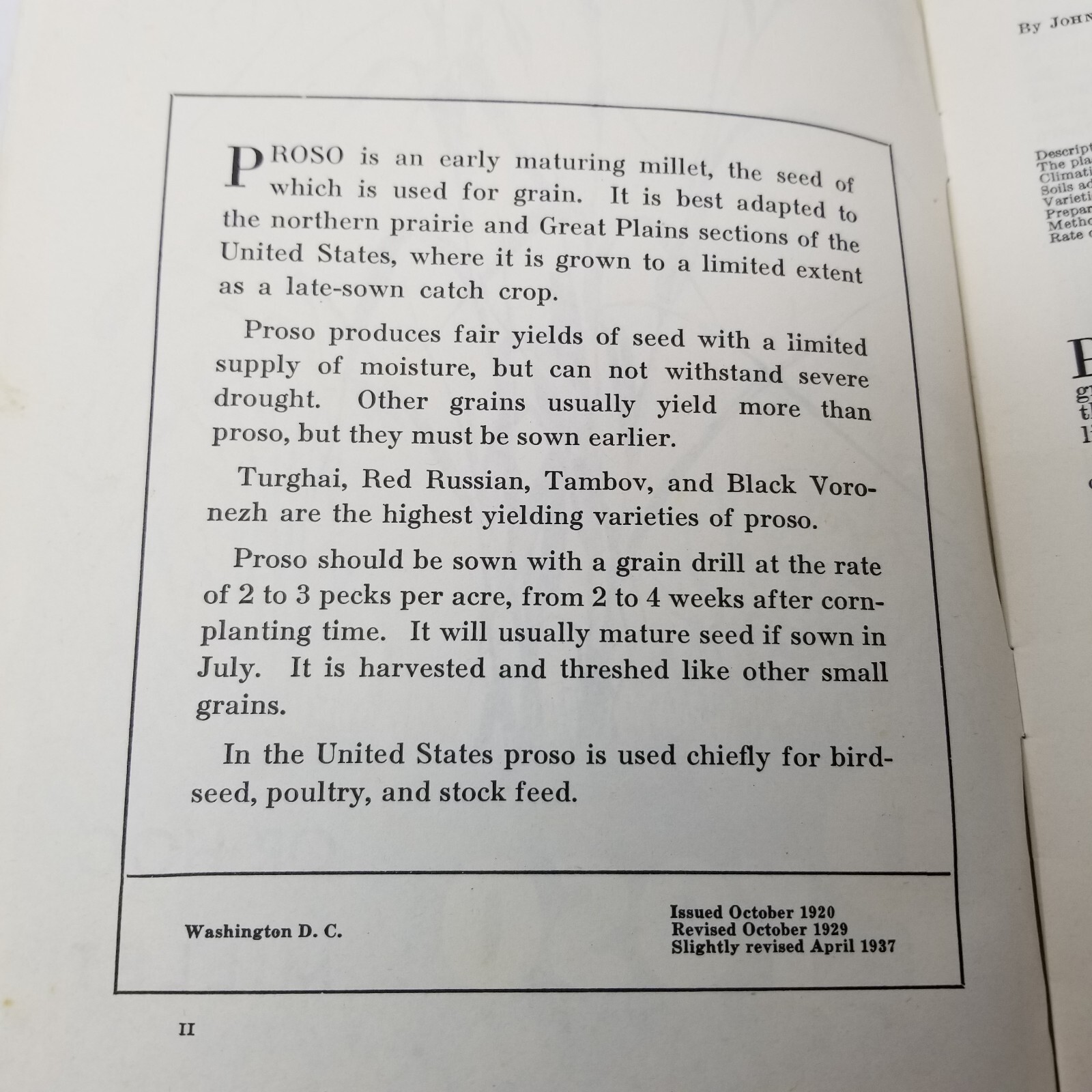 Proso Hog Millet 1937 Farmers&rsquo; Bulletin Booklet 1162 USDA Photos Charts