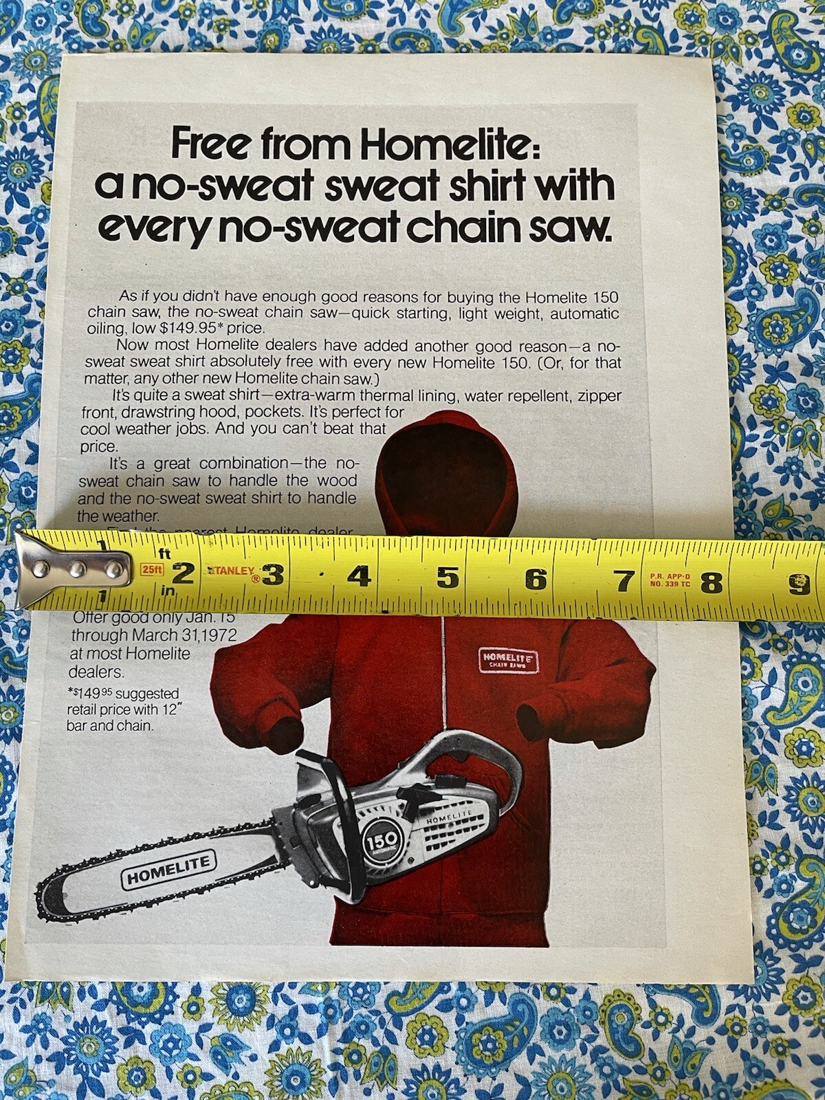 Vintage 1972 Homelite 150 Chainsaw Print Ad Sweatshirt Giveaway Hoodie