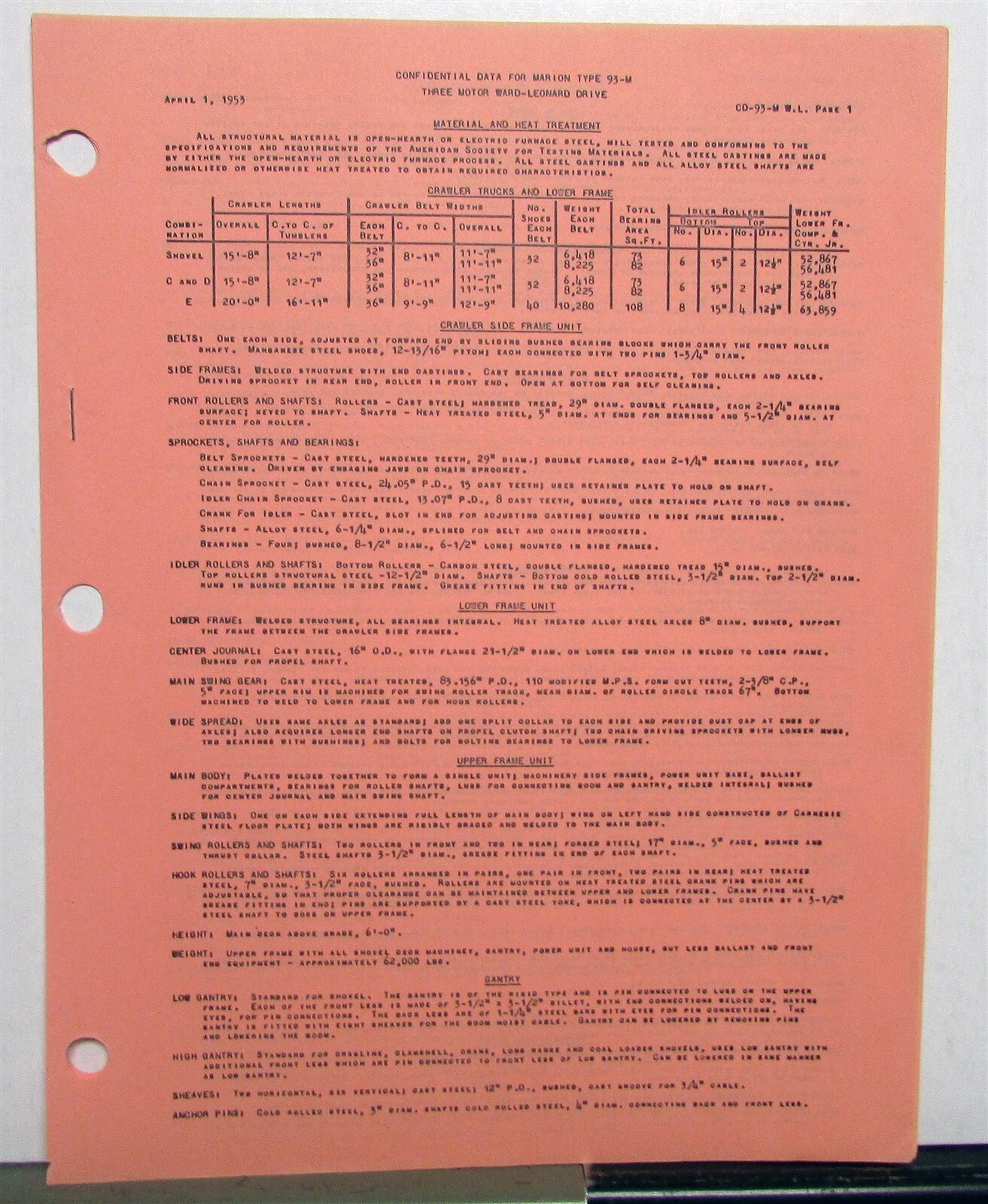 1953 Marion 93M Crawler Truck Specifications Construction Dealer Catalog