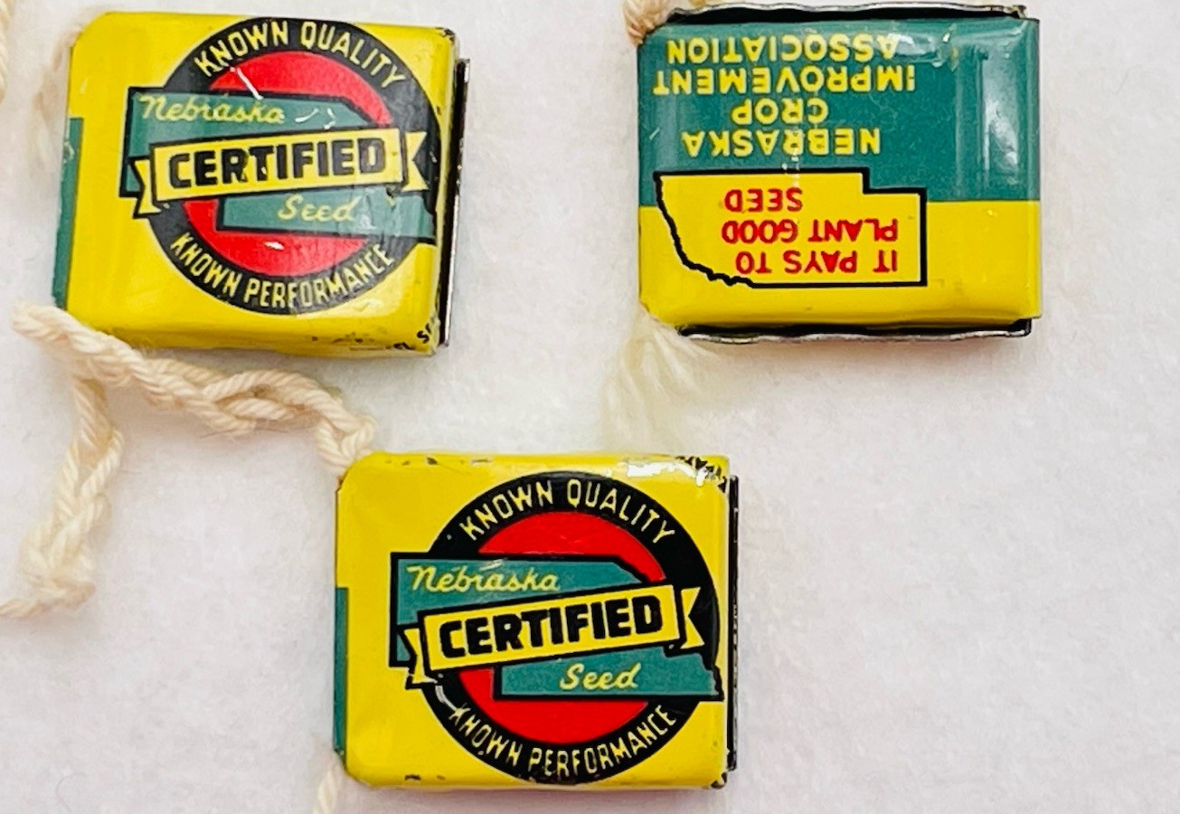 Lot 13 VTG Farm Metal Seed Bag Tag Clip NEBRASKA Crop Improvement Assoc & Idaho