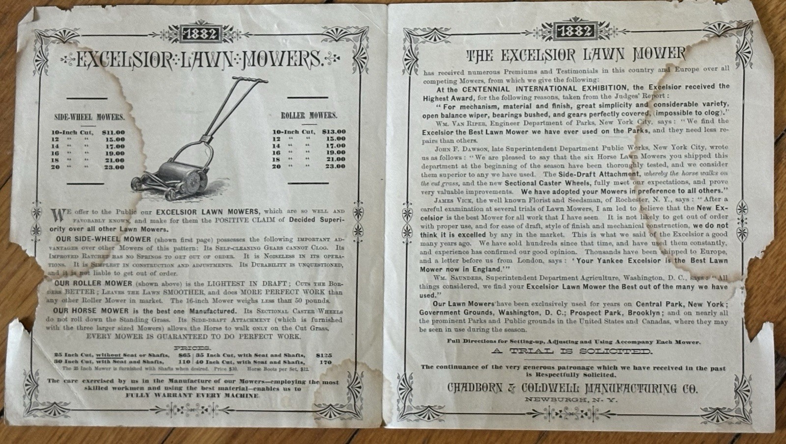 1882 Excelsior Lawn Mower Leaflet Chadborn & Coldwell Newburgh NY Treman Watkins