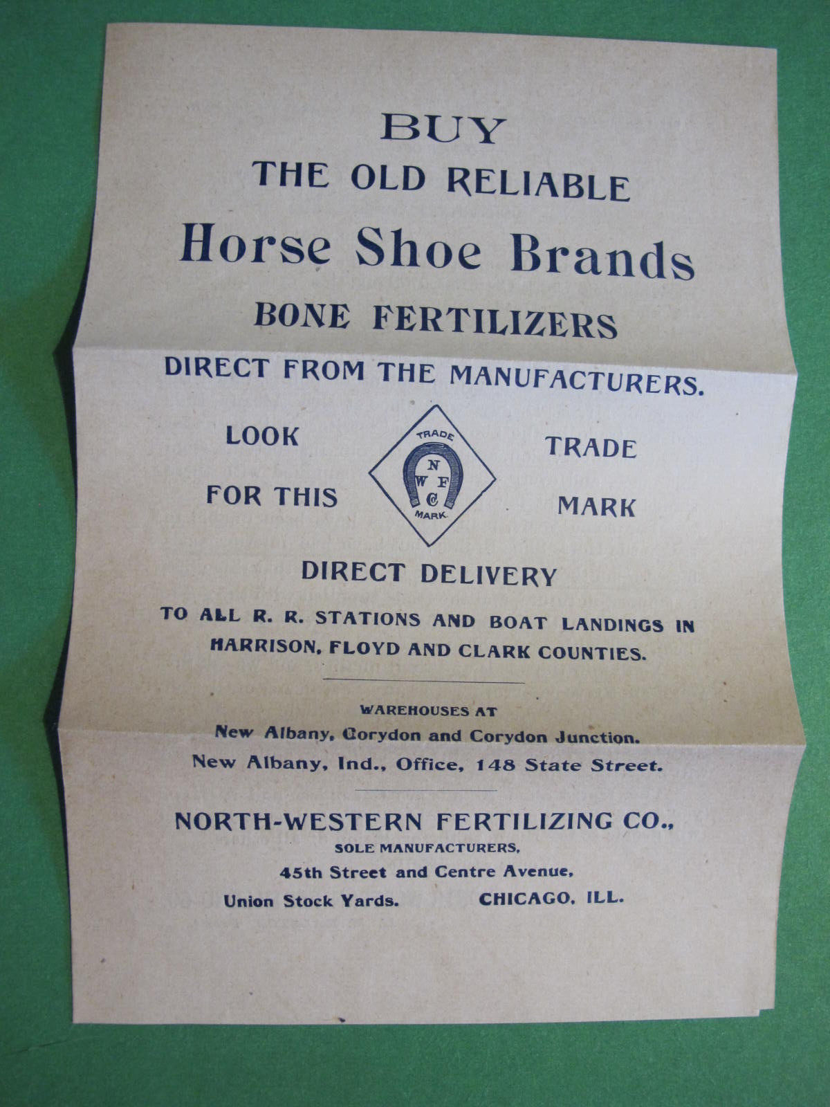 1896 ADVERTISING BROCHURE: OLD RELIABLE HORSE SHOE BRANDS FERTILIZER CHICAGO