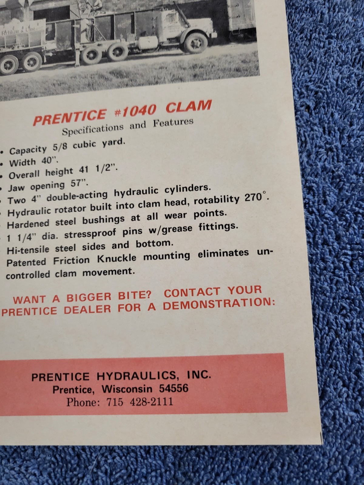 Vintage Prentice Hydraulics Inc CLAM Bucket Crane Lift Loader BROCHURE Wisconsin