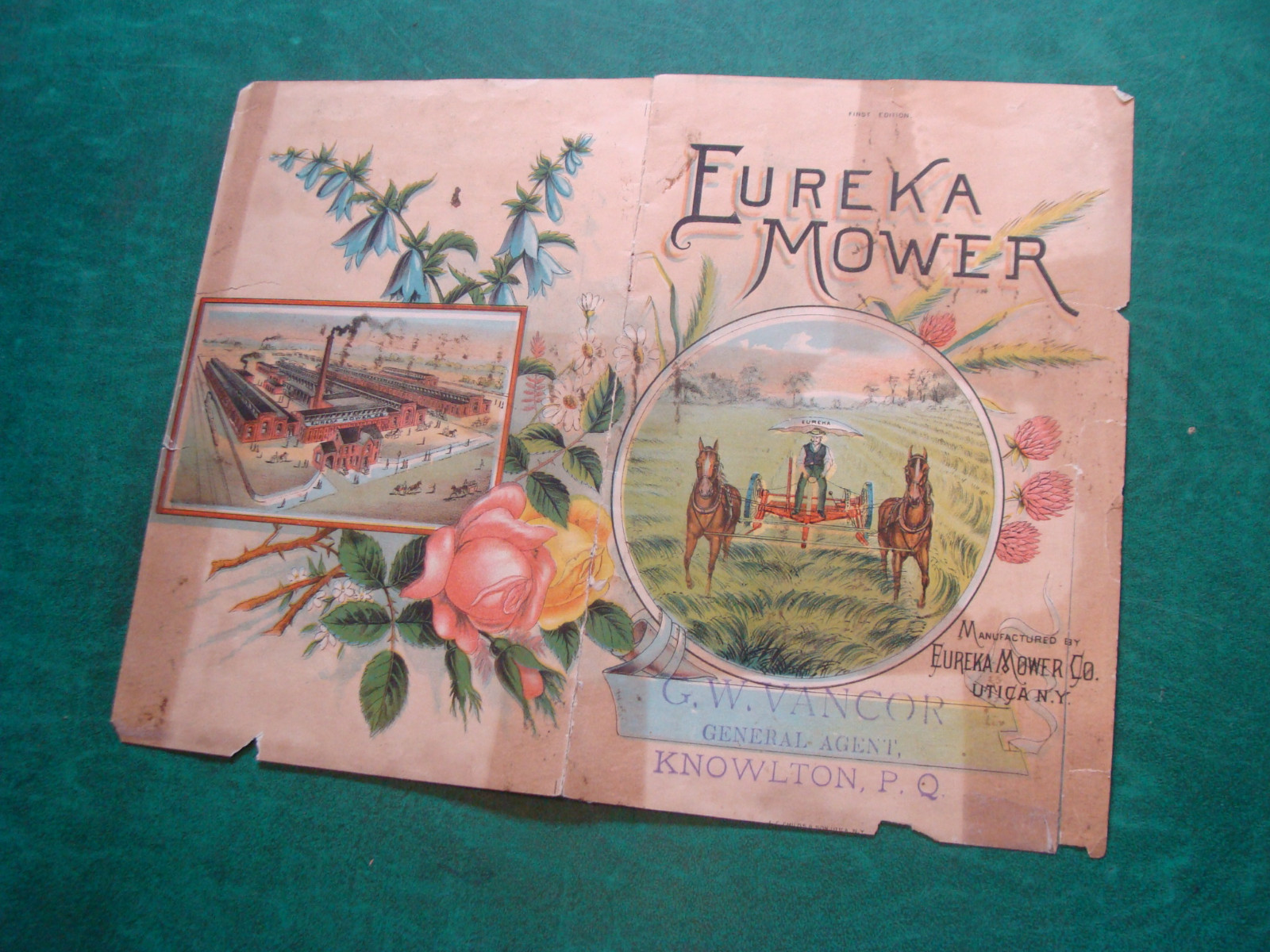 EUREKA MOWER trade card, DOUBLE SIZE & SIDED; taped as shown