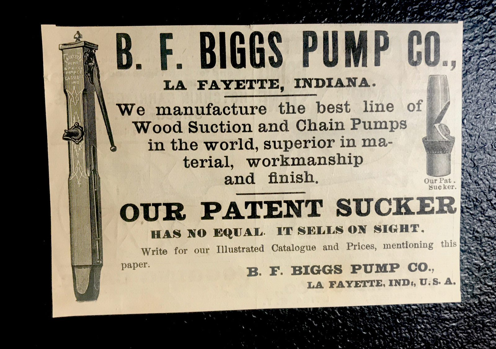 1886 B.F. Briggs Pump Co Farm Engraving Advertising – La Fayette – Indiana