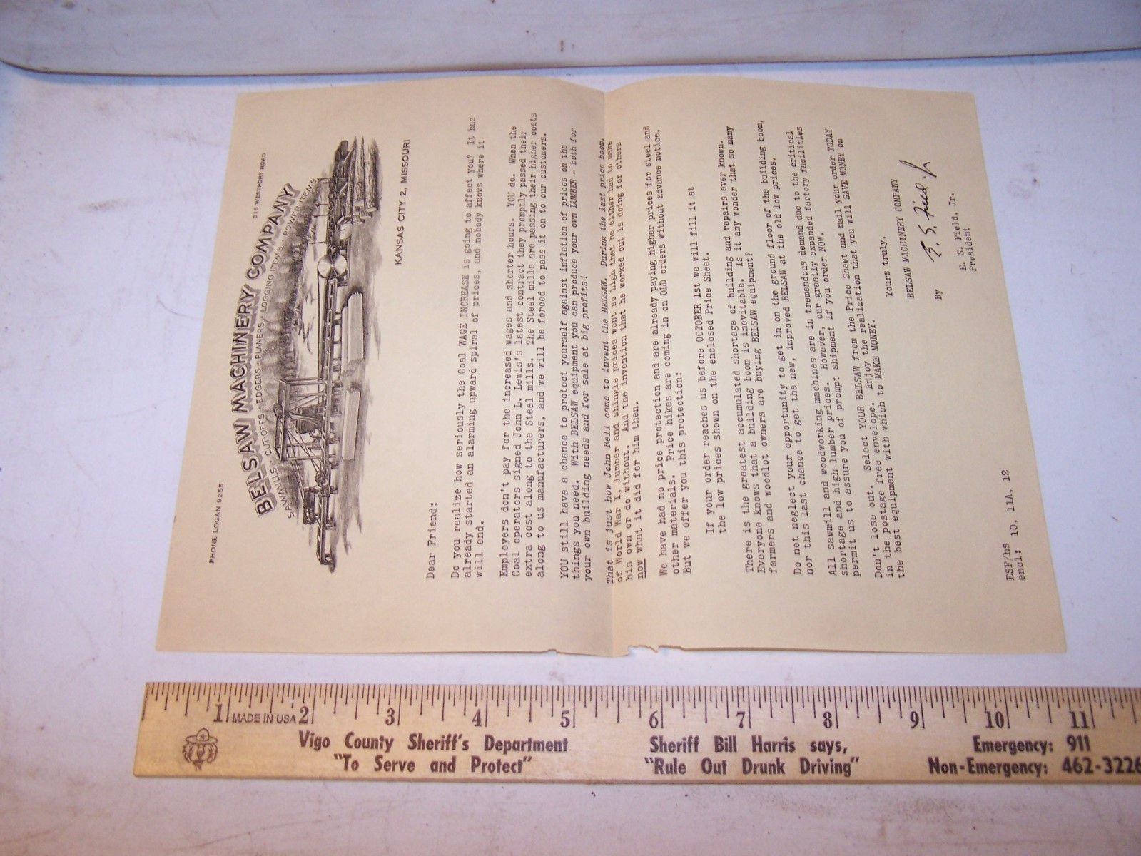 Vintage BELSAW MACHINERY COMPANY Letter KANSAS CITY MISSOURI Logging Sawmill