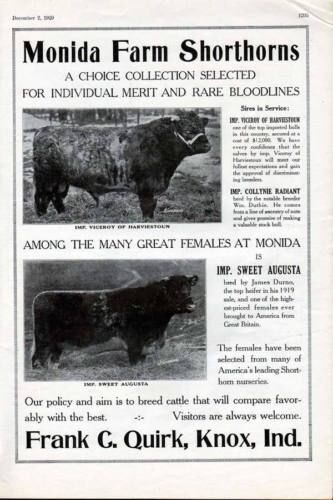 1920 MONIDA FARM SHORTHORN CATTLE BREEDER KNOX INDIANA FRANK QUIRK AD 7032.1