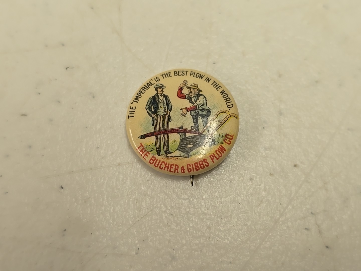 Antique 7/8&Prime; Bucher & Gibbs Imperial Plow Advertising Celluloid Pinback