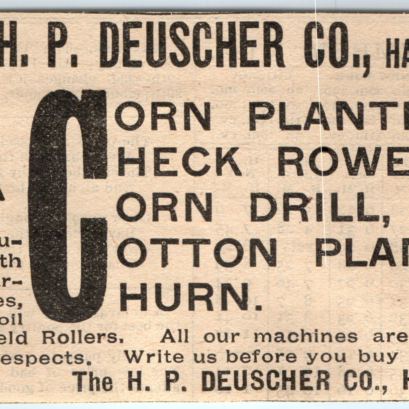 1891 H.P. Deuscher Co Hamilton OH Farm Implement Print Ad Corn Planter Vtg Tool