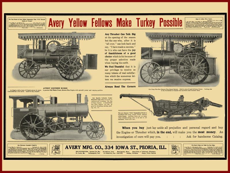 1905 Avery Mfg. Co. NEW Metal Sign: Yellow Fellows Make Thanksgiving Possible!