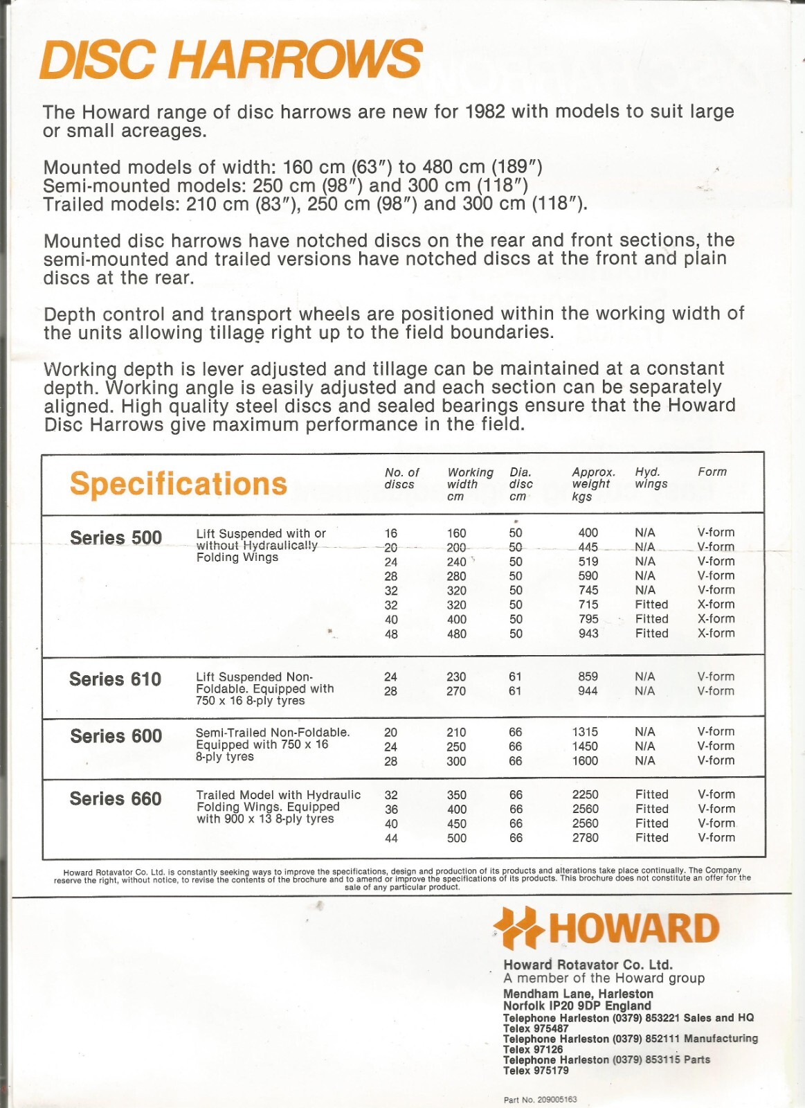 Original Howard 500 600 610660 Series Disc Harrows Sales Brochure Form 209005163