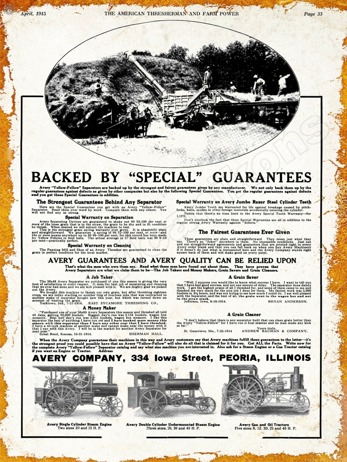 1915 Avery Steam Engines & Gas Tractors New Metal Sign: Large Size – 12 x 16