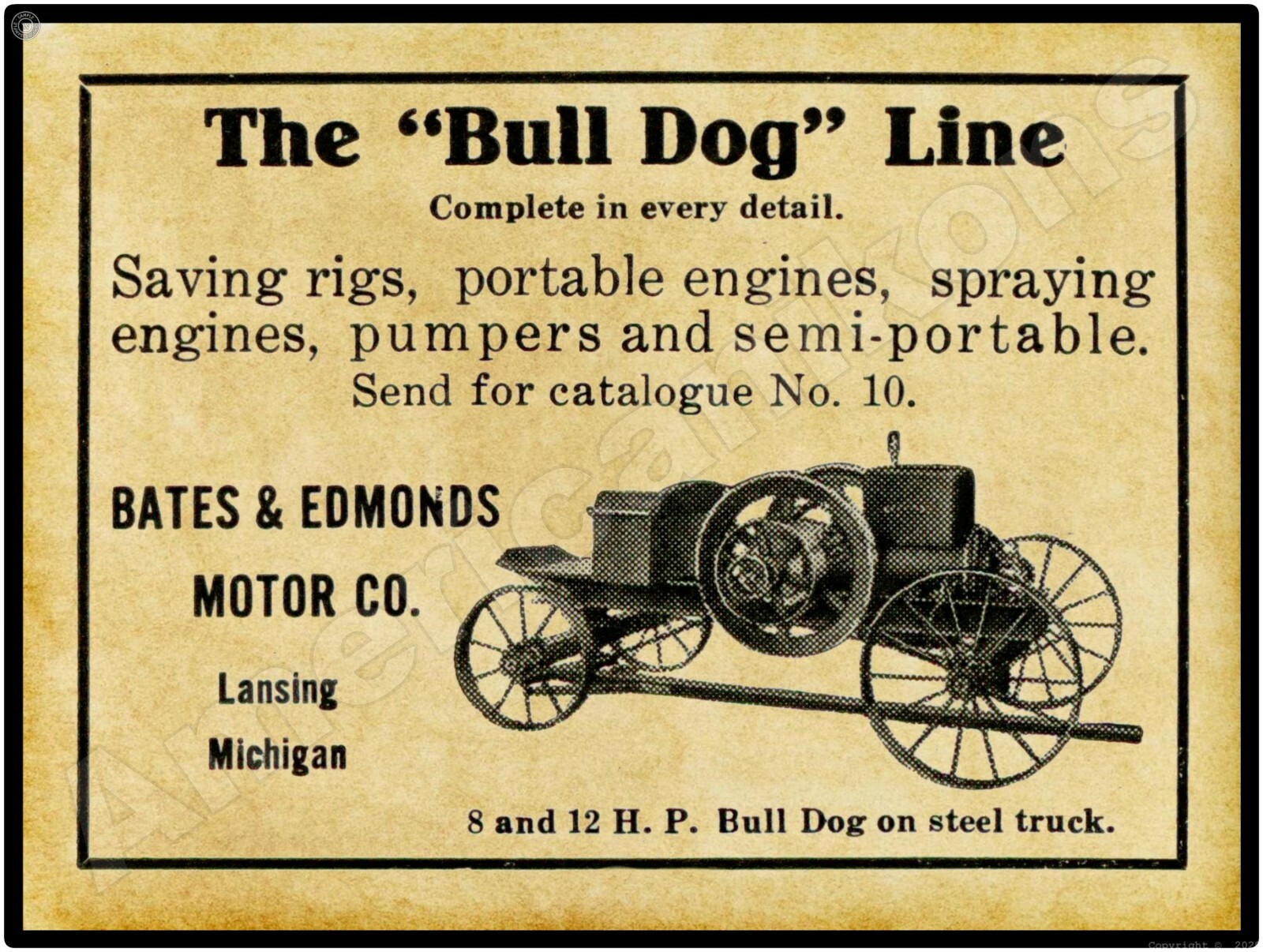 1911 Bates & Edmonds Co. Bull Dog Gas Engines New Metal Sign: Lansing, Michigan