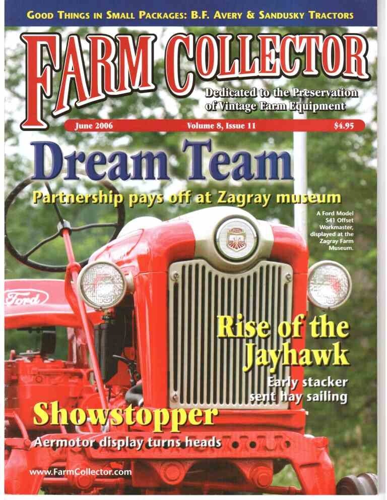 BF Avery V tractor, Jayhawk Hay Stacker, Aeromotor