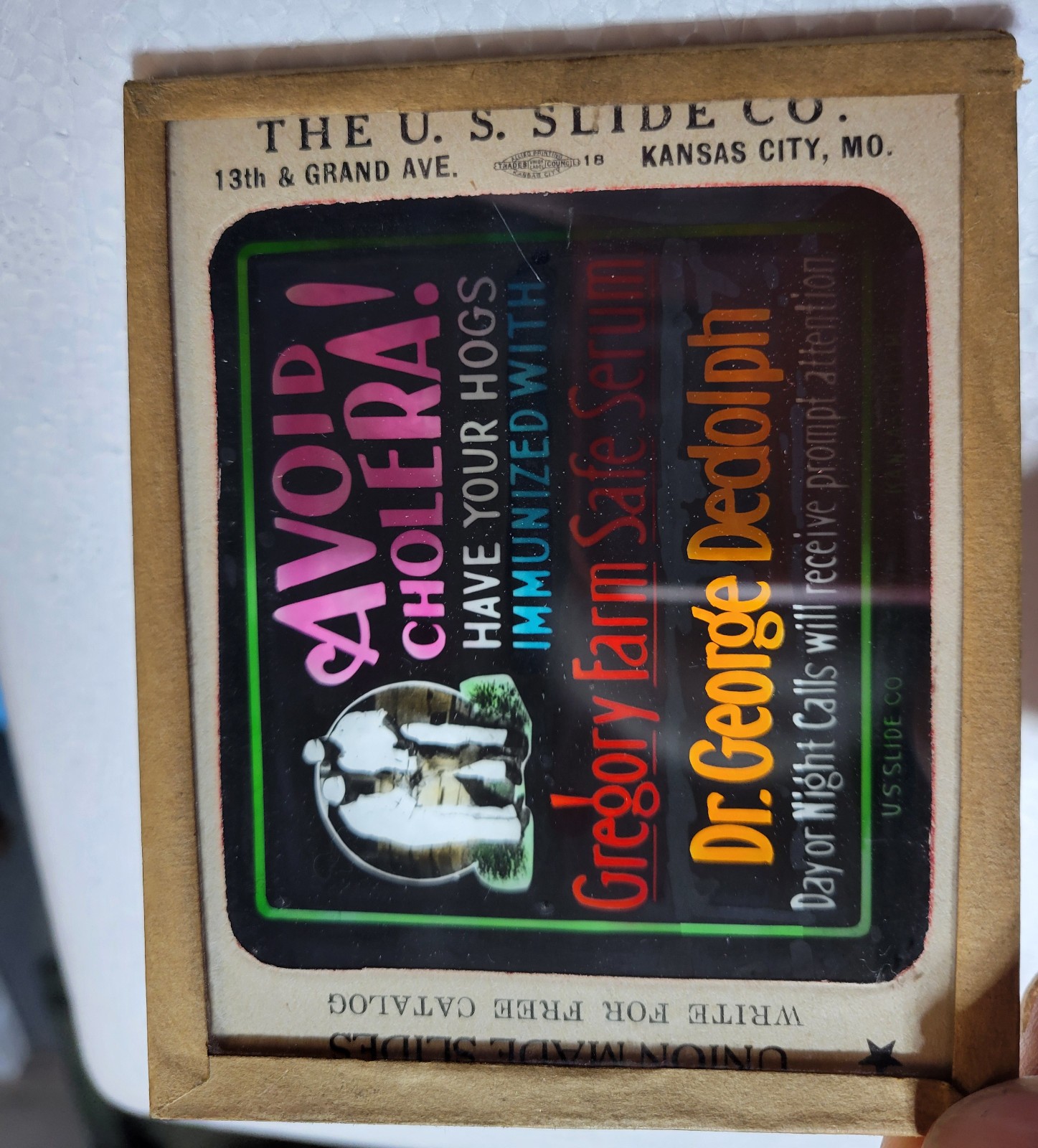 Advertising Glass Slide Cholera Hogs Gregory Farm Magic Lantern US Slide Co 1920