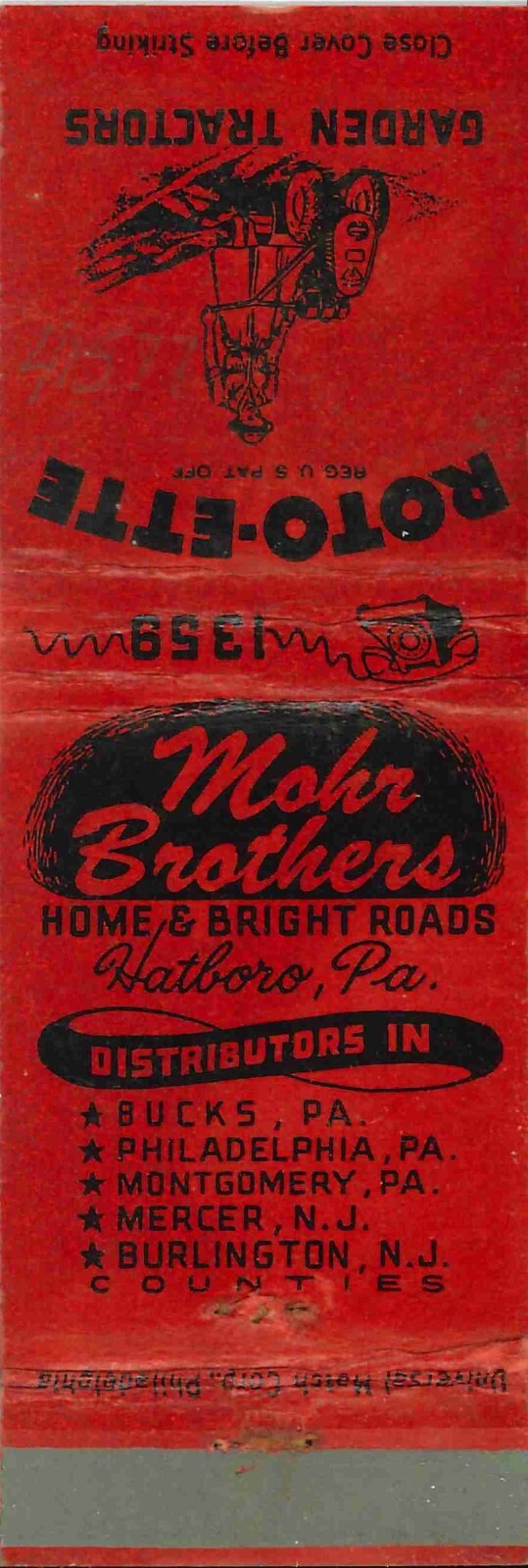 Matchbook Cover Roto Ette Garden Tractors Mohr Brothers Hatboro PA