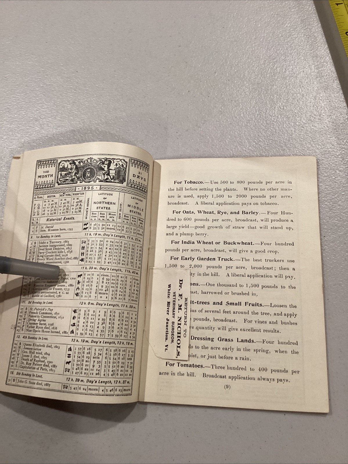 1895 The Cleveland Dryer Co Perfect Drilling Blood Bone Fertilizer Calendar Book