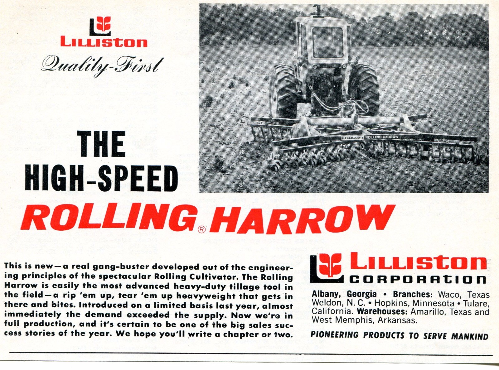 1970 Print Ad of Lilliston Corp Farm Tractor High Speed Rolling Harrow