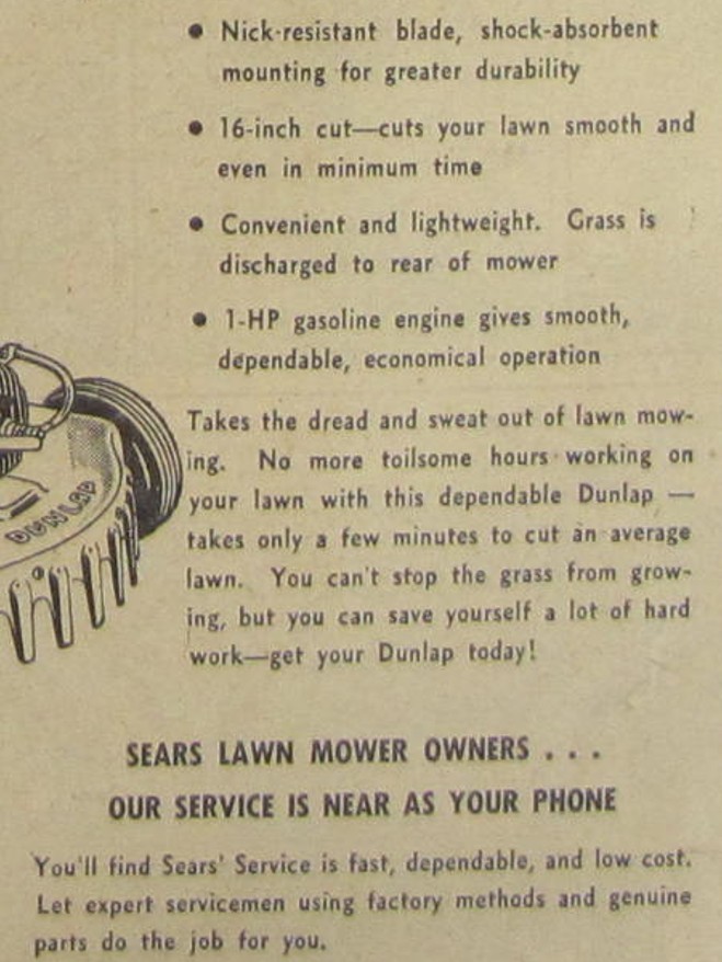 Vintage 1955 Sears DUNLAP Lawn Mower Newspaper Print Ad