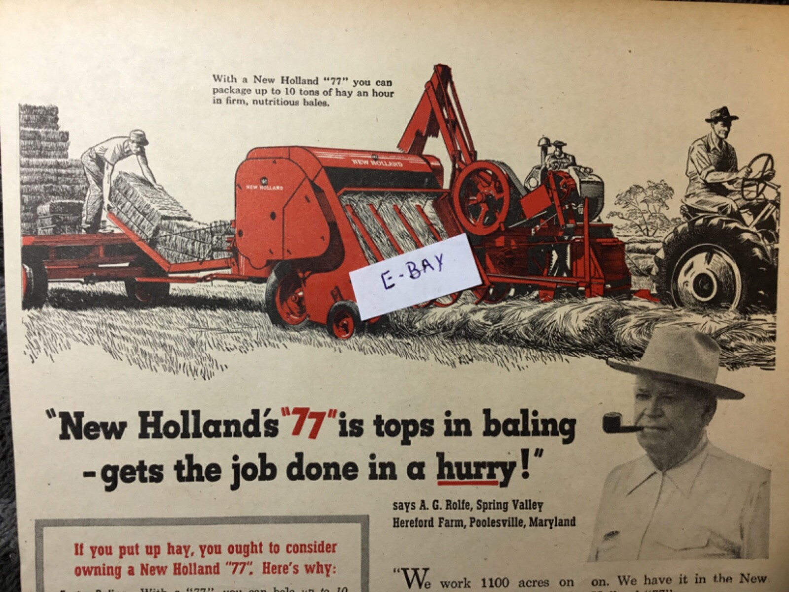 1952 Ad. 1952 New Holland 77 Bailer. Spring Valley Hereford Farm. A. G. Rolfe