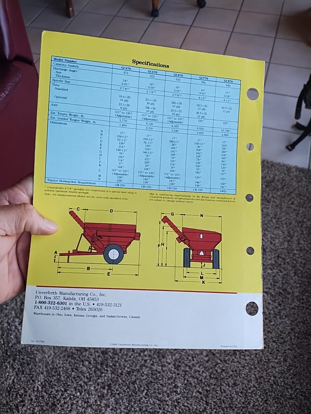 Vtg 1989 Unverferth Brent Grain Carts Bin Wagons 4 Page Sales Sheet Brochure