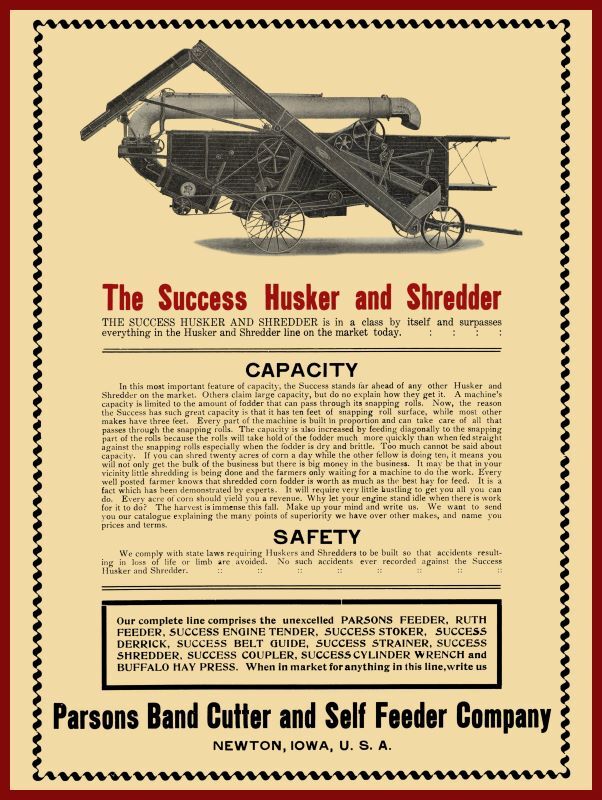 1905 Parsons Band Cutter & Self Feeder Husker NEW Metal Sign: Newton, Iowa