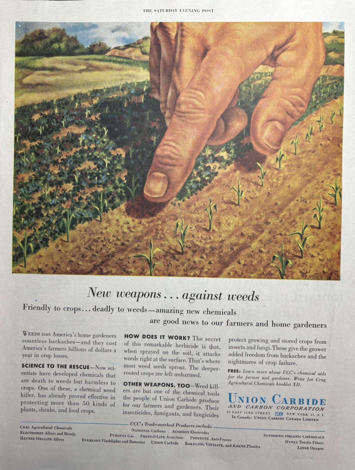 1954 Union Carbide & Carbon Corp NY Weapons Against Weeds Crops VTG Print Ad