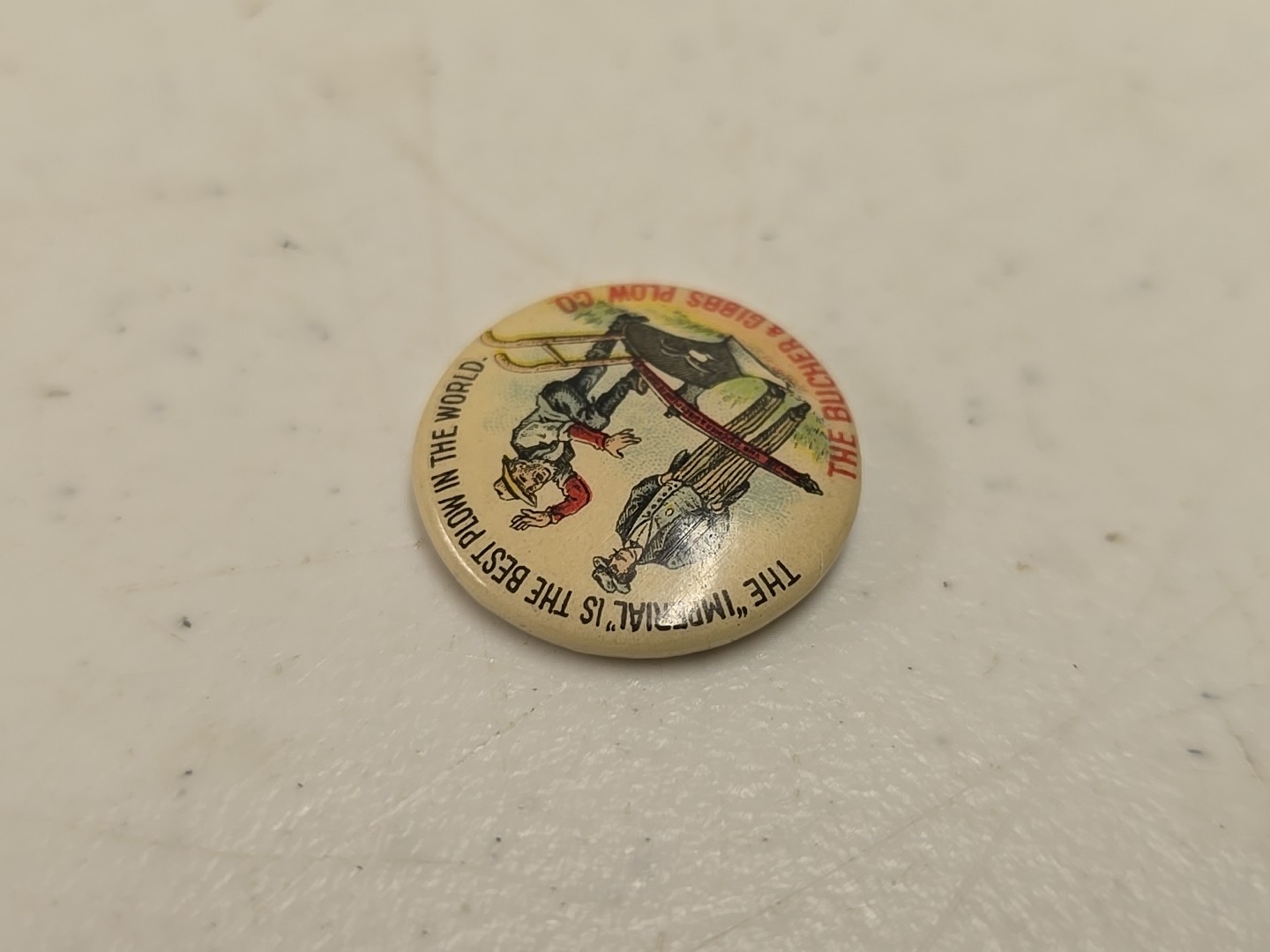 Antique 7/8&Prime; Bucher & Gibbs Imperial Plow Advertising Celluloid Pinback