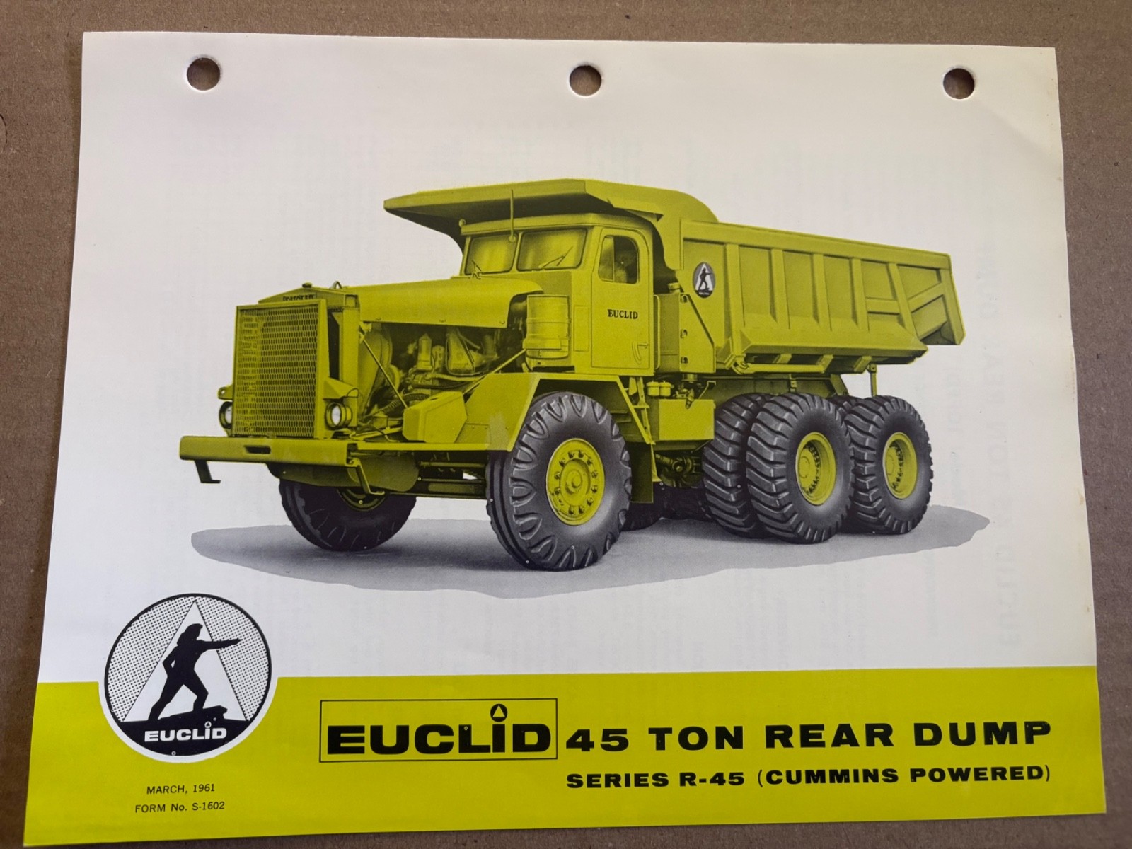 Vintage Euclid R-45 Cummins Dump Truck Specifications Sales Brochure