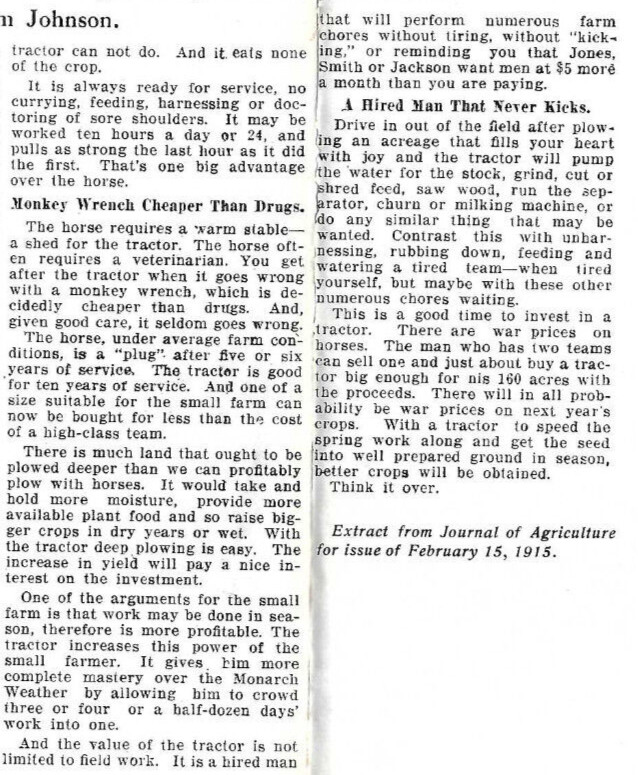 1915 ARTICLE~TRACTORS FOR SMALL FARMS, CHEAPER THAN HORSE POWER! MORE EFFICIENT!
