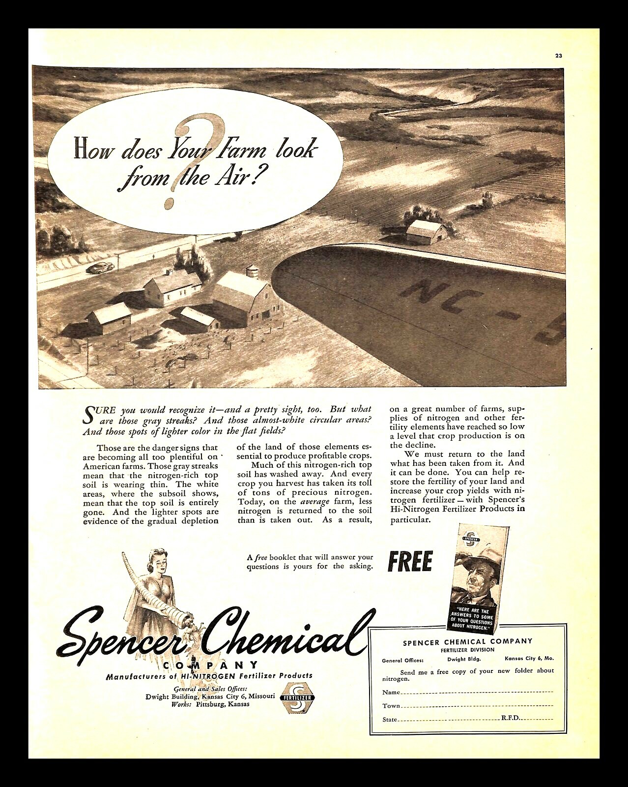 1947 Spencer Chemical Hi-Nitrogen Fertilizer Vintage PRINT AD Airplane Farm 40s