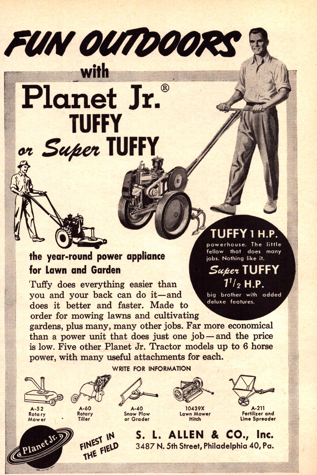 Planet Jr. Tuffy Garden Power Tools Philadelphia PA Vintage Print Ad 1955