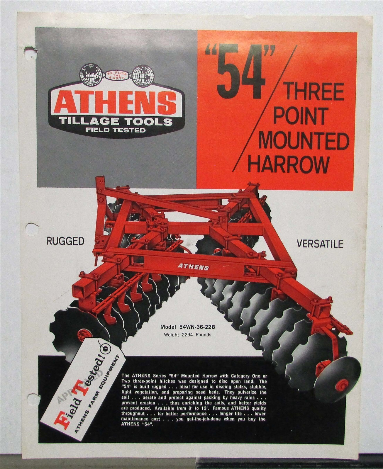 1975 Athens 54 Mounted Harrow Specifications Construction Data Sheet