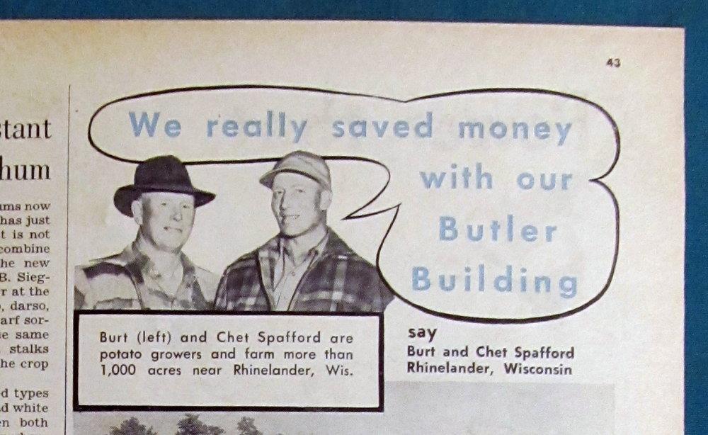 Orig 1952 Butler Building Ad FeaturesBurt and Chet Spafford of Rhilelander Wisc