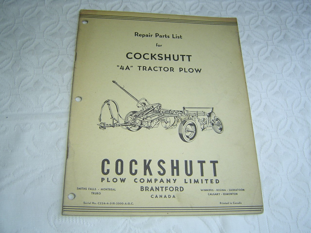Cockshutt No 4A tractor plow repair parts list manual