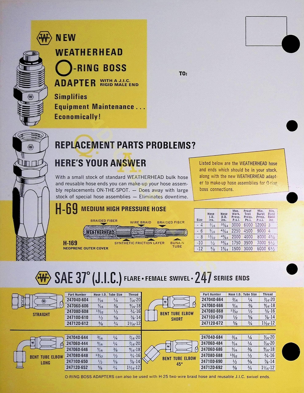Vintage Farm Brochure Spec Sheet New Weatherhead O-Ring Port and Boss Adapters