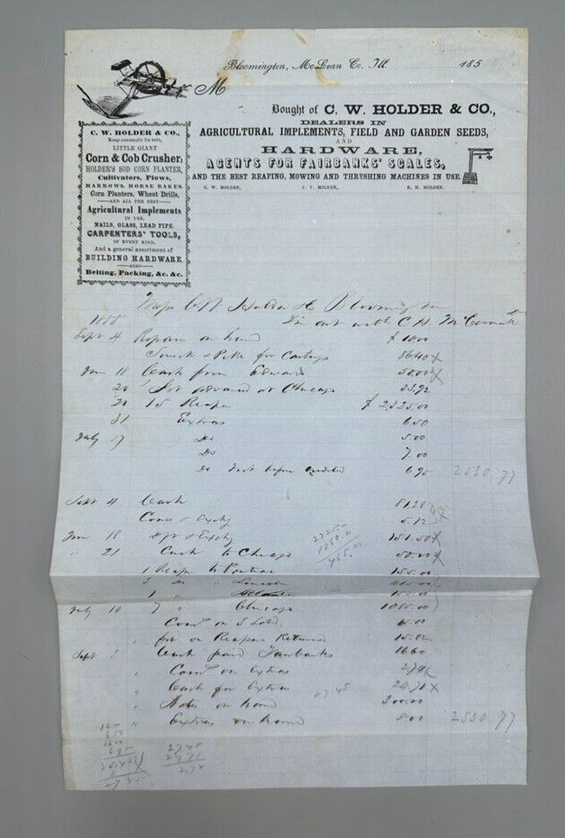 1855 CW Holder FARM Machinery IMPLEMENTS Advertising Ephemera BLOOMINGTON IL