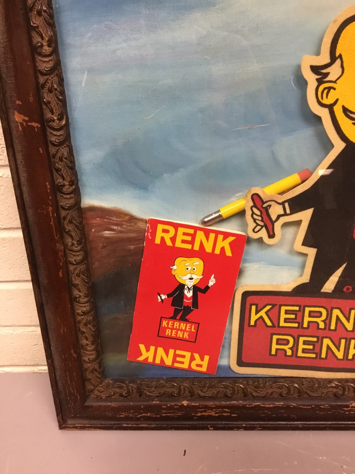 ANTIQUE VTG FRAMED 4 KERNEL RENK ADVERTISING PRODUCTS FELT KERNEL BULLET PENCIL
