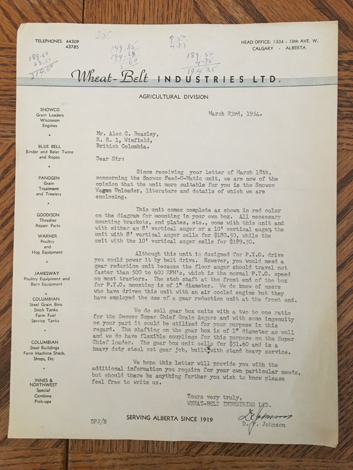 WheatBelt Industries Farm Machinery Letters Receipt 1954 Kelowna BC Cattle Ranch