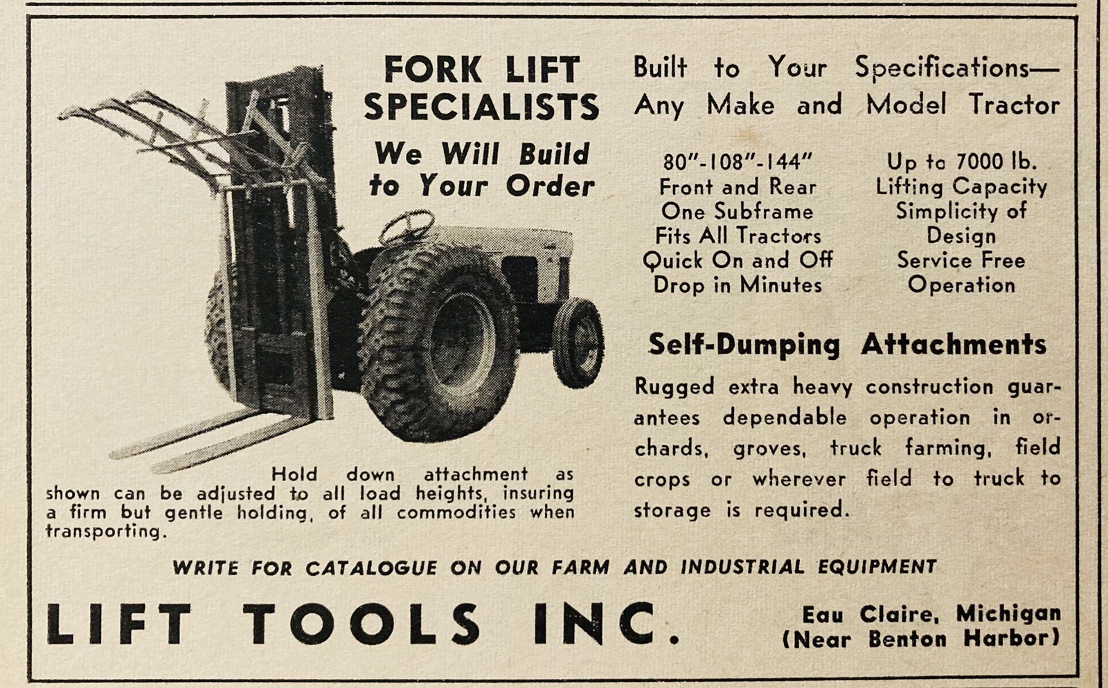 1959 AD.(XF22)~LIFT TOOLS, INC. EAU CLAIRE, MI. FORK LIFT TRUCK ATTACHMENTS