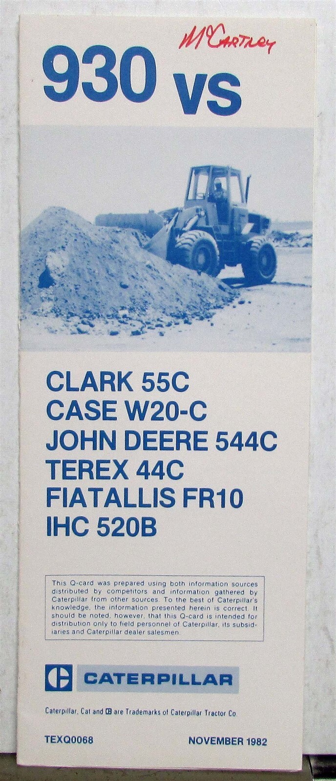1983 Caterpillar 930 Wheel Loader VS Competition Construction Sales Brochure