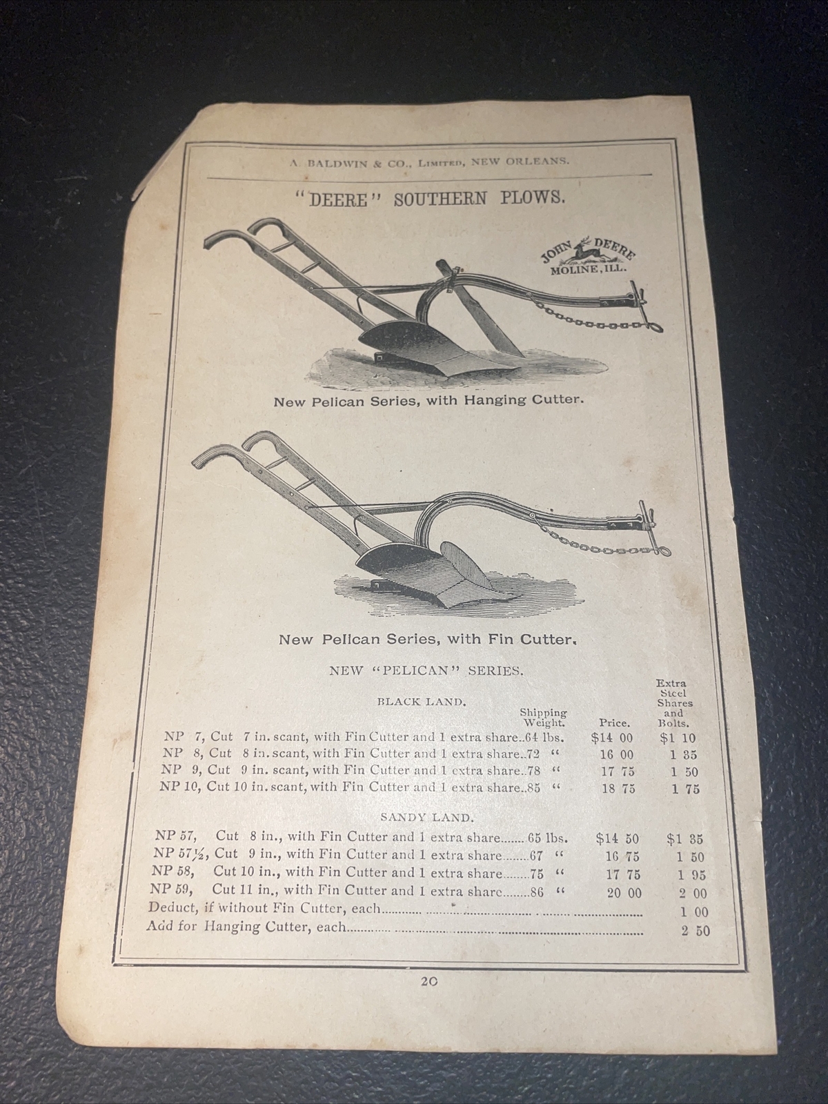 1891 Baldwin John Deere Pelican Plow Farm Advertising – New Orleans – Louisiana